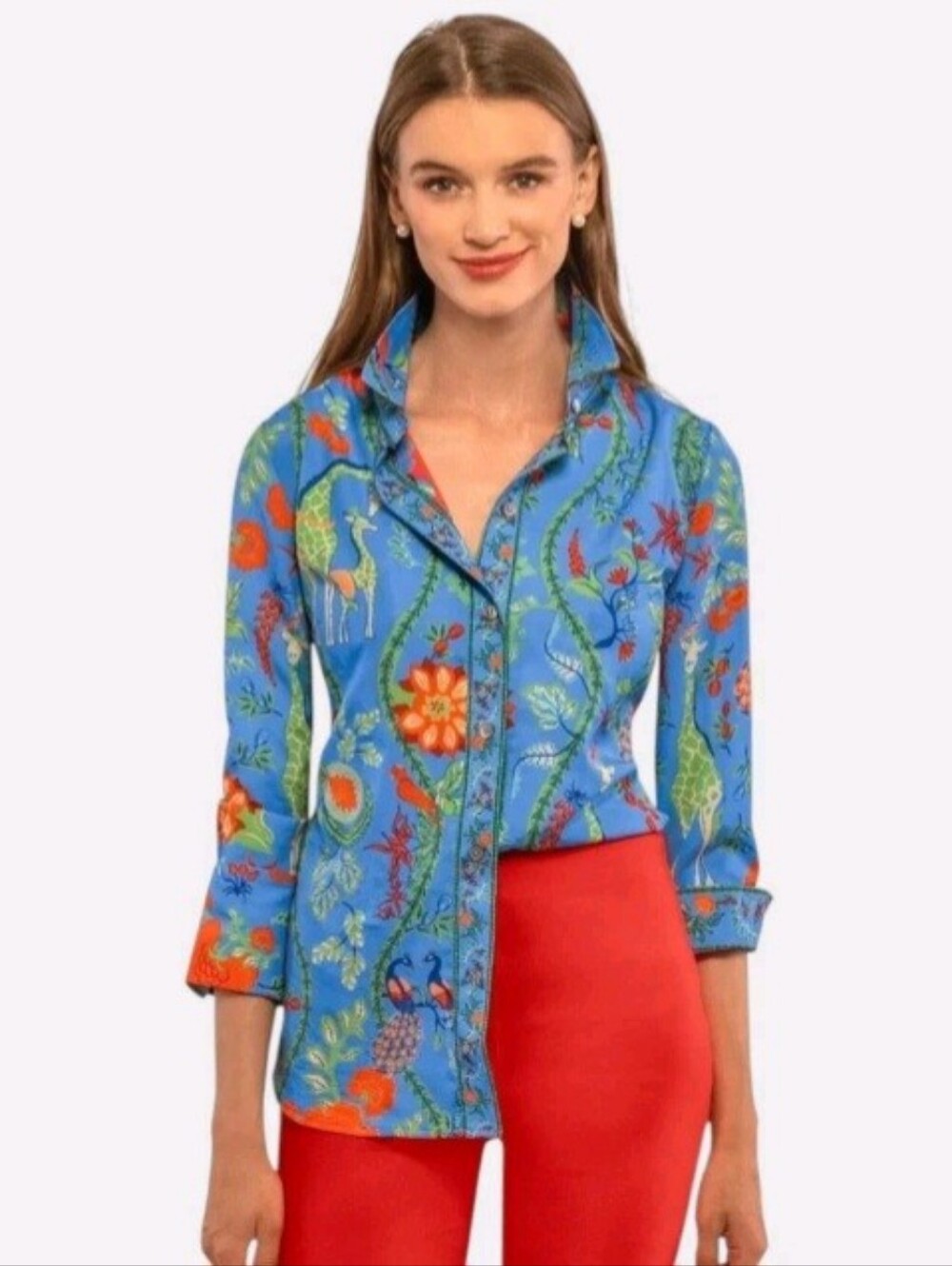 Gretchen Scott Jungle Print 3/4 Sleeve Boyfriend Blouse Top Size Small